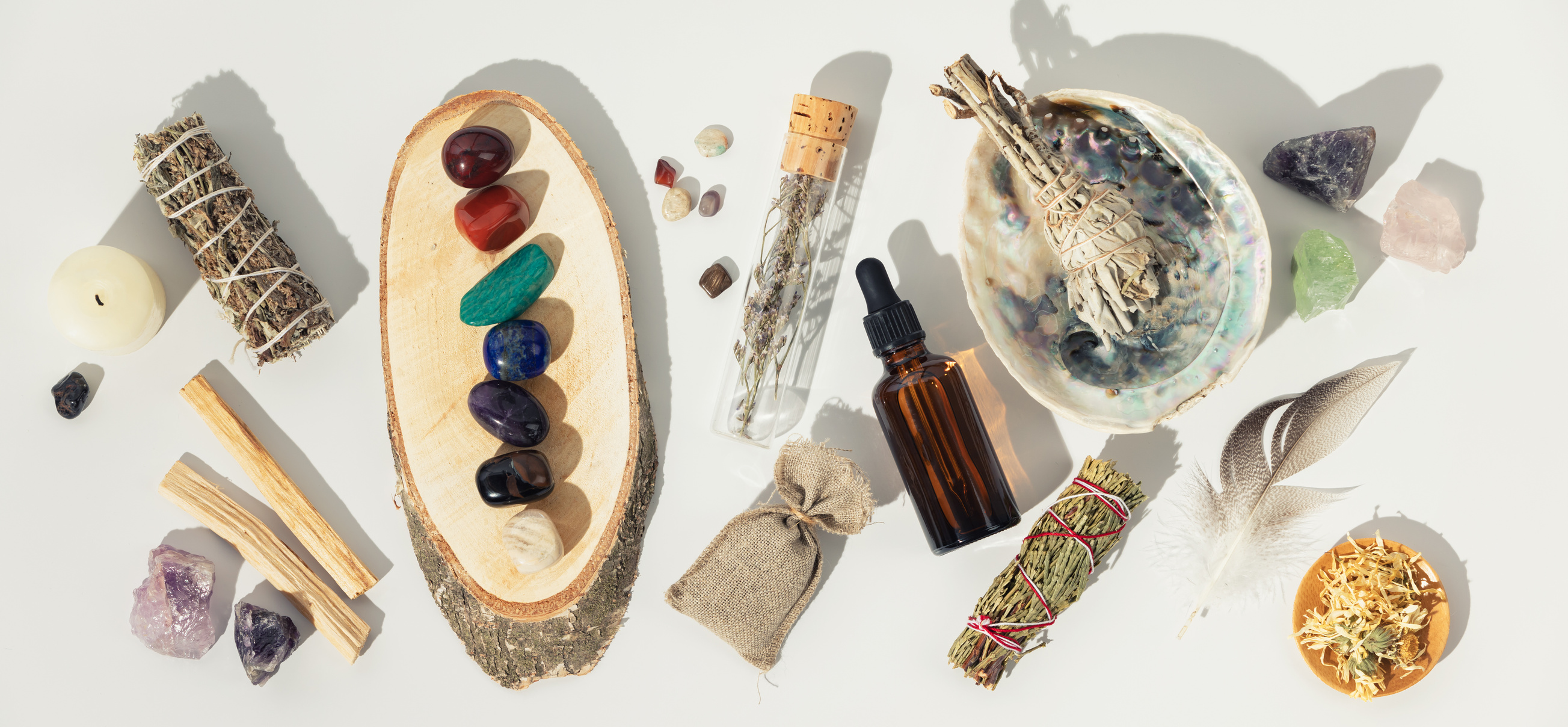 Healing Crystals, Elixir, Palo Santo, White Sage Bundle on Abalo