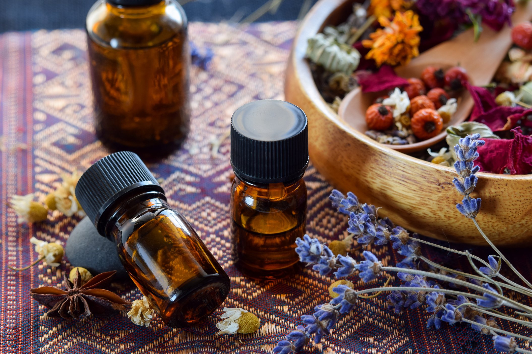 dried herbs and essential oils