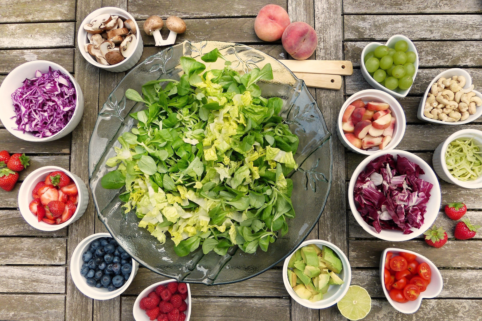 Top View of Green Salad and Fruits
