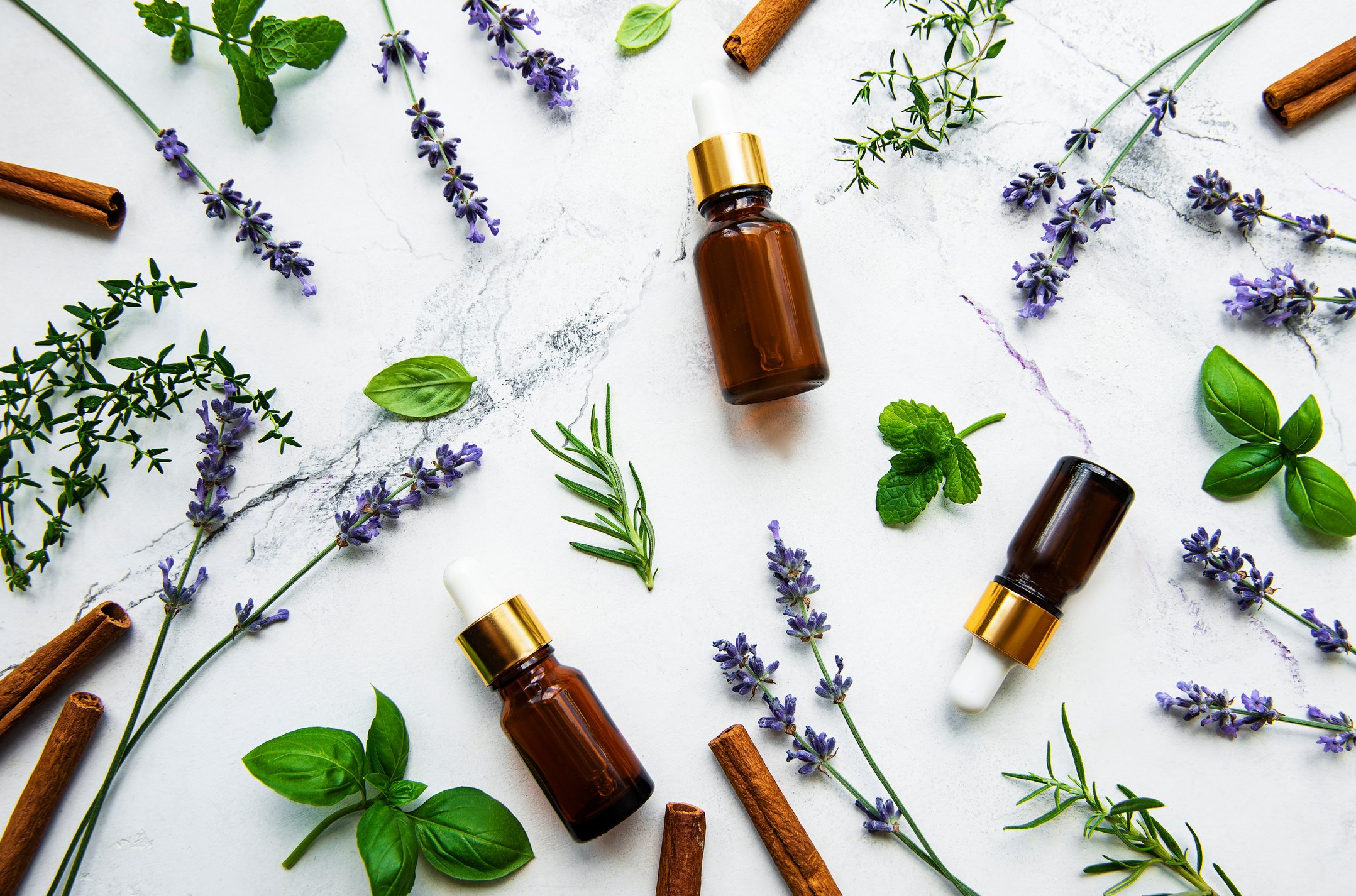 Bottles of Essential Oils with Herbs and Flowers